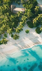 Aerial view of tropical island resort with lush greenery and pristine sea beachfront under bright sunlight, smooth sand, vibrant palm trees, and luxurious villas along the shoreline