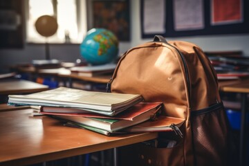 Open book bag with notebooks inside laying on the desk in classroom