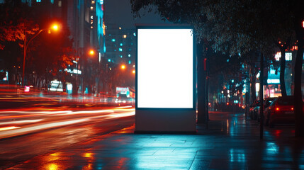 Wall Mural - blank billboard on a rainy street at night with blurred city lights and fast-moving cars. a dynamic 