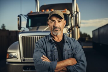 Wall Mural - Portrait of a Hispanic middle aged body positive male truck driver