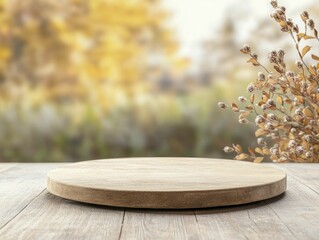 Sticker - Natural Rustic Podium, front view focus, set against a warm Autumn Harvest Festival backdrop, featuring an array of product showcases.