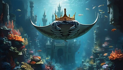 Wall Mural - Majestic Manta Alfredi Crowned as Ruler of an Underwater Castle in a Vibrant Coral Kingdom Surrounded by Colorful Fish Subjects