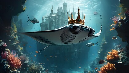 Wall Mural - Majestic Manta Alfredi Crowned as Ruler of an Underwater Castle in a Vibrant Coral Kingdom Surrounded by Colorful Fish Subjects