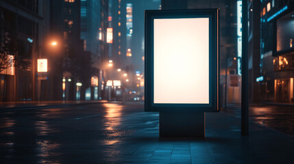 Wall Mural - blank city billboard glowing at night on an empty street, offering a bright mockup for nighttime adv