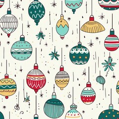 Wall Mural - Festive Christmas Ornament Seamless Pattern  Hand Drawn Baubles and Stars  Winter Holiday Background