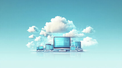 Poster - the vector illustration presents a concept of global computing services, emphasizing the cloud’s rol