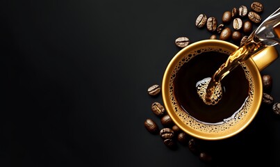 Coffee being poured into a golden cup with coffee beans on a black background.