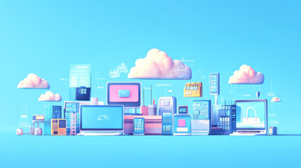 Poster - the vector illustration presents a concept of global computing services, emphasizing the cloud’s rol