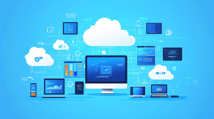 Poster - the vector illustration presents a concept of global computing services, emphasizing the cloud’s rol
