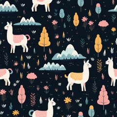 Wall Mural - Cute Llama Seamless Pattern   Adorable Alpaca Background Design with Mountains and Trees