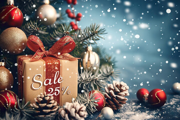 Wall Mural - Red Christmas ornament hanging on a tree with a 25% sale tag, creating a festive holiday scene.