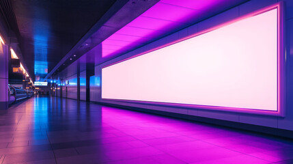 Wall Mural - long blank billboard with neon purple lighting in a modern underground station, an attention-grabbin