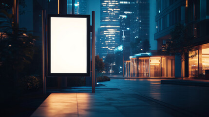 Wall Mural - vertical city billboard at night with glowing lights, an ideal mockup for advertisements in a vibran