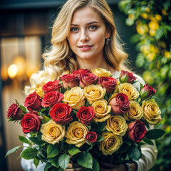 Young woman with wavy hair holding a bouquet of red and yellow roses in a cozy setting