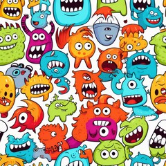 Wall Mural - Cute Cartoon Monsters Seamless Pattern