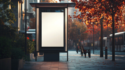 Wall Mural - blank bus stop billboard in an autumn city street, perfect mockup for outdoor advertising during fal