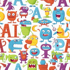 Wall Mural - Cute Cartoon Monster Alphabet Seamless Pattern   Letters A  I and P