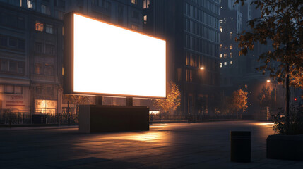 Wall Mural - illuminated blank billboard in a quiet city street at night, a perfect mockup for glowing night-time