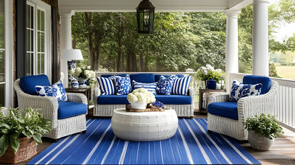 A cozy outdoor seating area with blue decor, perfect for relaxation and social gatherings.