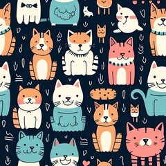 Sticker - Cute Cartoon Cat Seamless Pattern   Vector Illustration