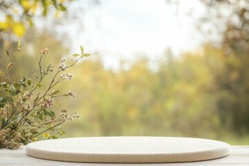 Canvas Print - Textured Fabric Podium, front view focus, with Cozy Fall Picnic Scene Background, product displays