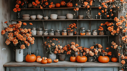 Wall Mural - A cozy shelf adorned with orange flowers and pumpkins, evoking autumn vibes.