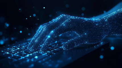 Digital 3d human hands typing on computer or laptop keyboard in dark blue. Office work, workplace or business concept. Abstract vector low poly wireframe with dots, lines, stars and flying shapes