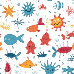 Wall Mural - Cute Cartoon Sea Life Pattern Seamless Illustration