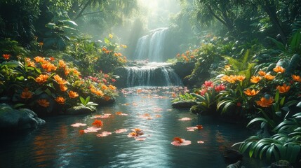 Serene waterfall surrounded by vibrant flowers and lush greenery.