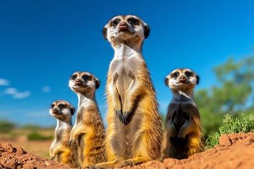 A family of meerkats standing on their hind legs, scanning the horizon for danger as they protect their den