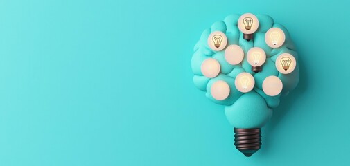 Creative concept image of a large blue lightbulb made up of smaller lightbulbs on a turquoise background, symbolizing ideas and innovation.