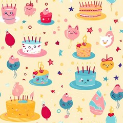 Wall Mural - Cute Cartoon Birthday Cakes  Balloons  and Stars Seamless Pattern