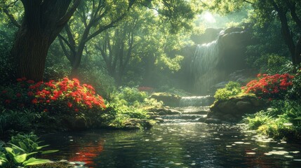 Serene forest scene with a waterfall and vibrant flowers.