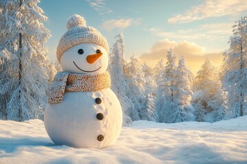 Wall Mural - Joyful snowman in snowy winter forest landscape with warm sunset light