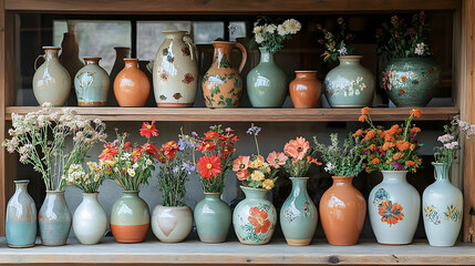 Wall Mural - A display of decorative vases filled with colorful flowers on a wooden shelf.