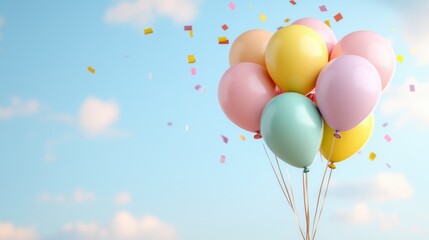 Colorful balloons with confetti in a clear blue sky