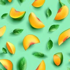 Wall Mural - Mango Slices and Green Leaves on Turquoise Background