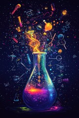 Poster - Colorful illustration of scientific laboratory equipment with vibrant neon elements representing chemistry experimentation