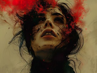 Wall Mural - A woman's face is covered in dirt and surrounded by red smoke.