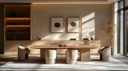 A minimalist dining area featuring a wooden table, soft lighting, and decorative elements.