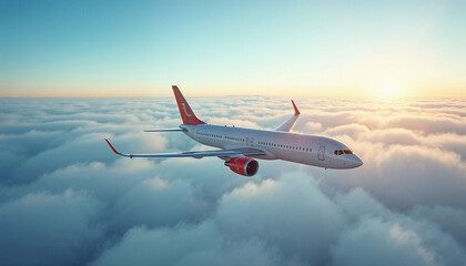 Passenger plane flying high above clouds, showcasing sleek design and expansive blue sky.






