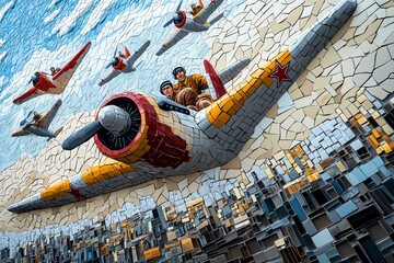 A mosaic featuring heroic Soviet aviators, flying planes high above a Soviet city, representing air force might and innovation