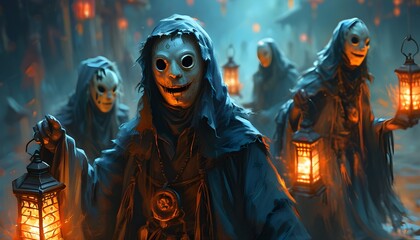 Wall Mural - Eerie Contest of Ghosts in Haunting Masks Showcasing Creations Under Lanterns in Dramatic Fantasy Lighting