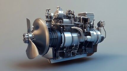 6. **Realistic 3D model of a marine engine with complex cooling system and propeller drive