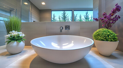 A modern bathroom featuring a stylish freestanding tub and decorative plants.