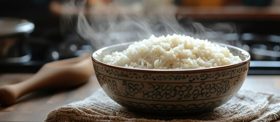 bowl of hot boiled or fried rice on table, vegetarian asian food, dish, meal, oriental cuisine, international rice day, cooking, recipe, cereal, natural products, tasty treat