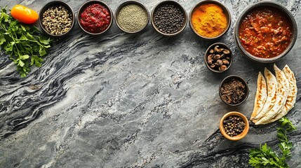 Various spices, sauces, and flatbreads arranged around the border of a gray marble background, with a yellow bell pepper, parsley, and copy space.