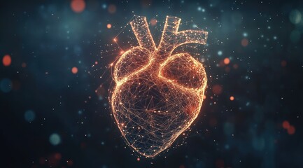 Poster - Abstract digital human heart with glowing lines and dots on a dark background, concept of medical technology in cardiology 