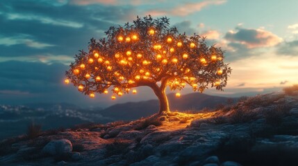 Poster - Luminous Tree on a Mountaintop at Sunset