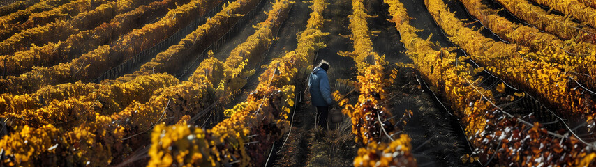 Wall Mural - A man is walking through a field of yellow leaves